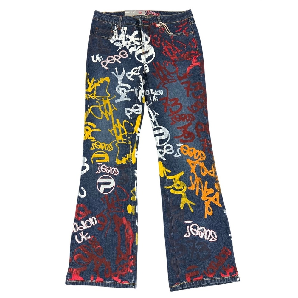 VTG Pepe Jeans Graffiti Print Denim Flare Jeans Dark Size 36 x‎ 30.5 NWOT